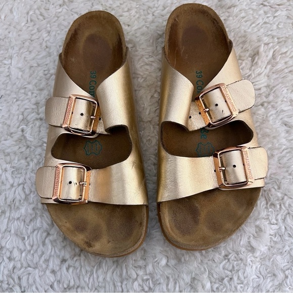 Comfortfusse  Strap Slides Leather Handmade Cork Metallic SZ 39 8.5 - Picture 1 of 10